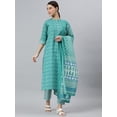 thumbnail image 3 of Janasya Indian Mandarin Collar 3/4 Sleeve Block Print Sea Green Cotton Kurta With Pant And Dupatta For Women, 3 of 8