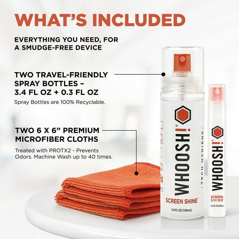 WHOOSH! Phone Cleaning Kit Duo – 3.4 oz & 0.3 oz Bottles with 2 Microfiber Cloths, Alcohol-Free Screen Cleaner for All Electronics, TVs, Laptops, Car Displays, Eyeglasses, Sports Visors, Whiteboards