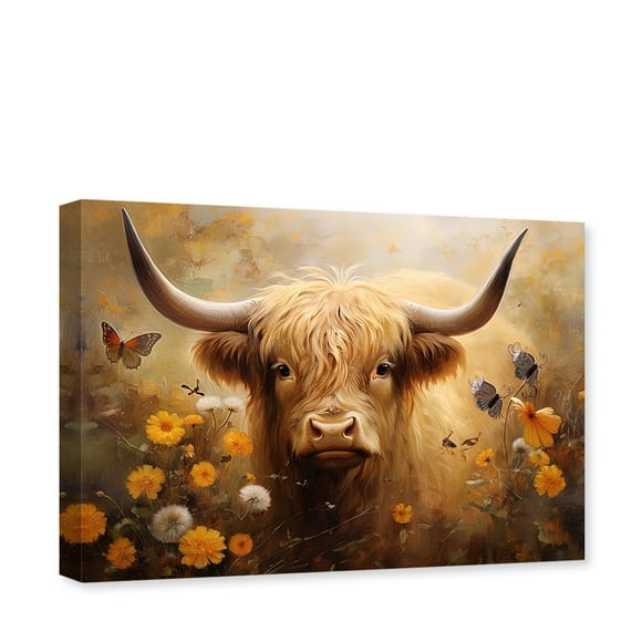 ZHONGYUTONG Highland Cow Picture Canvas Cow Flower Butterfly Art Print Animal Painting (16"x24")