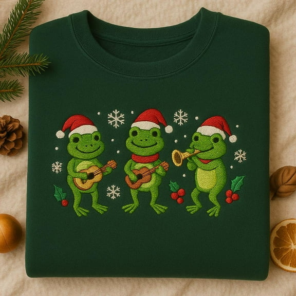 Christmas Frog Embroidered Sweatshirt, Holiday Musician Hoodie, Funny Frog Band Crewneck, Amphibian Xmas T-Shirt, Cottagecore Gift