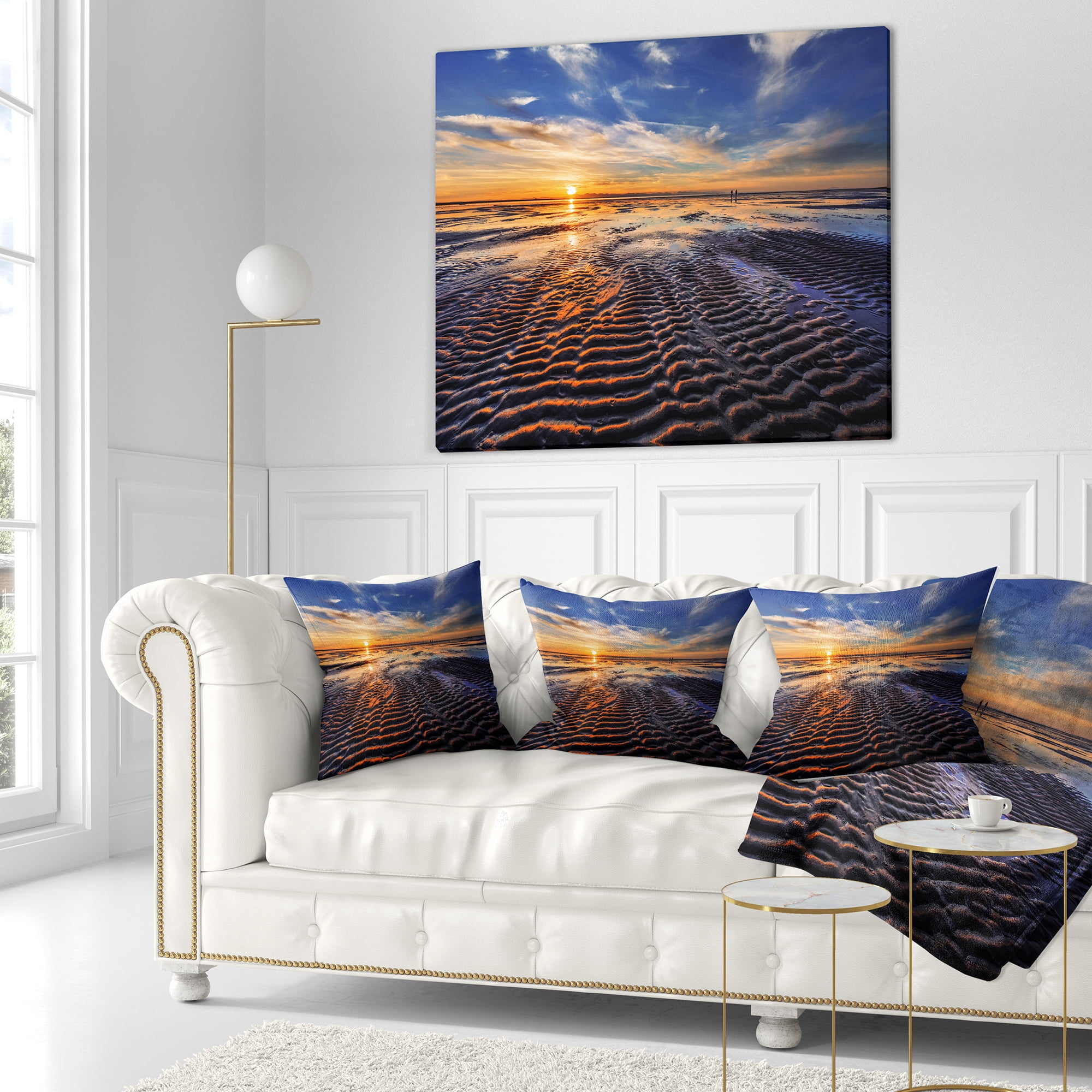 Designart Waves On the Sand During Sunset - Seashore Throw Pillow - 18x18