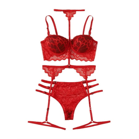 

Tangnade Lingerie Seduction For Women Exquisite Lace Lingerie Bra+Garter+Briefs Set Babydoll Cut-Out Sleepwear D Free size