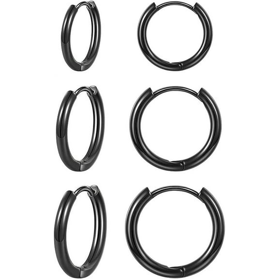 Knubmt 3 Pairs 14K Gold Plated Lightweight Hoop Earrings Set 316L Stainless Steel Hoop Earrings for Women Men, Black