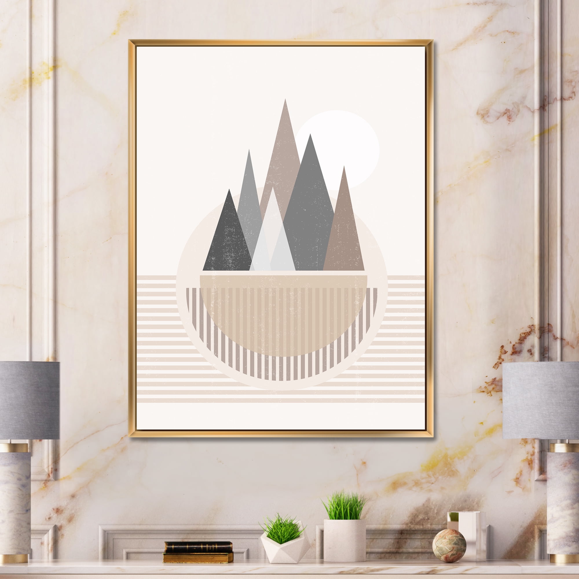 Designart 'Abstract Moon and Sun In Mountains III' Modern Framed Canvas Wall Art Print