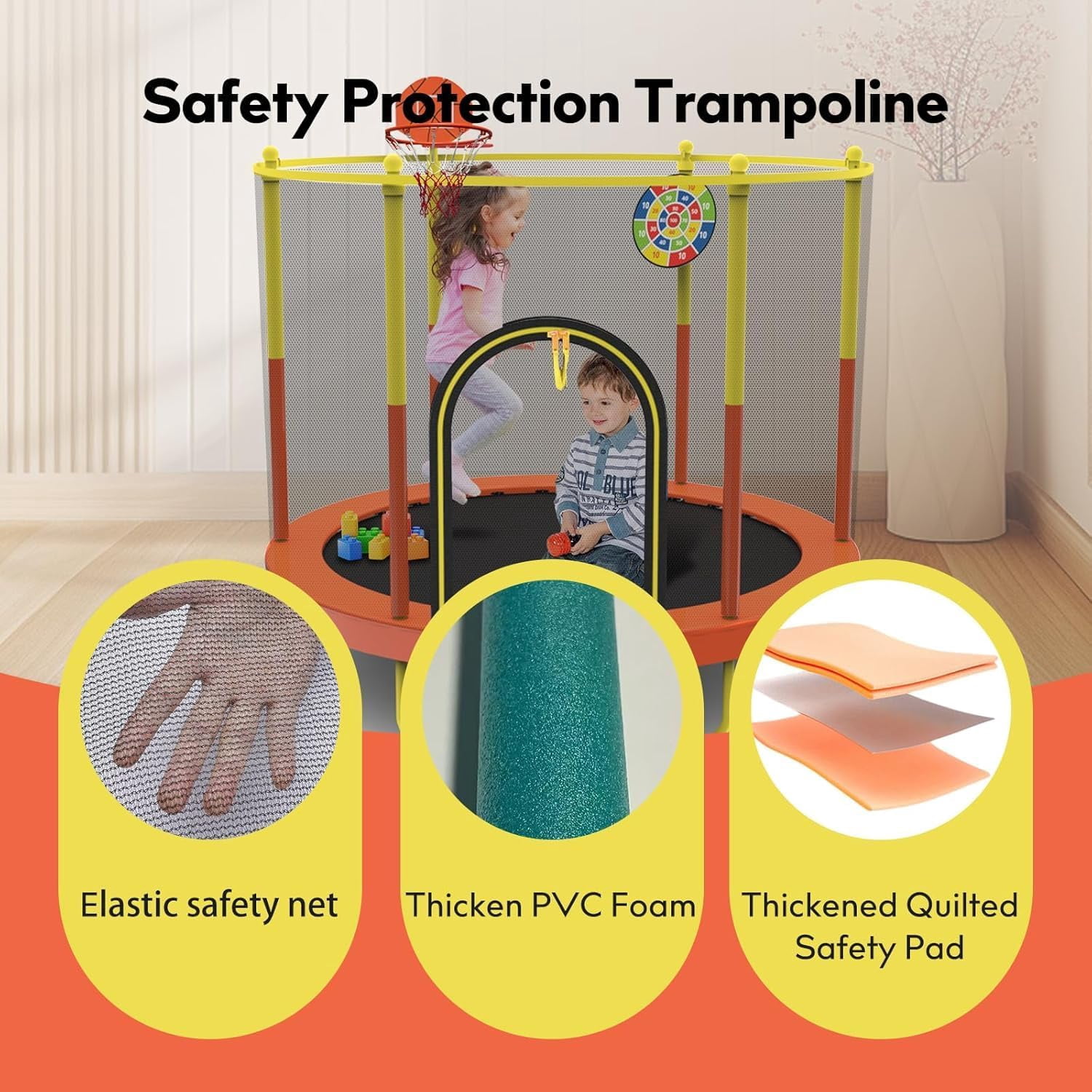 Sedeke 72" Trampoline for Kids with Net,6 FT Indoor & Outdoor Small Toddler Trampoline with Basketball Hoop & Dart Board for Ages 1-8, Gifts for Boys & Girls, Baby Toddler Christmas Toys
