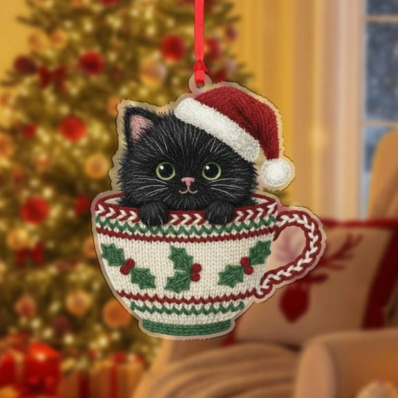 ViciArt Black Cat Ornament – Kitten in Holiday Teacup with Santa Hat, Laser Cut Christmas Decor