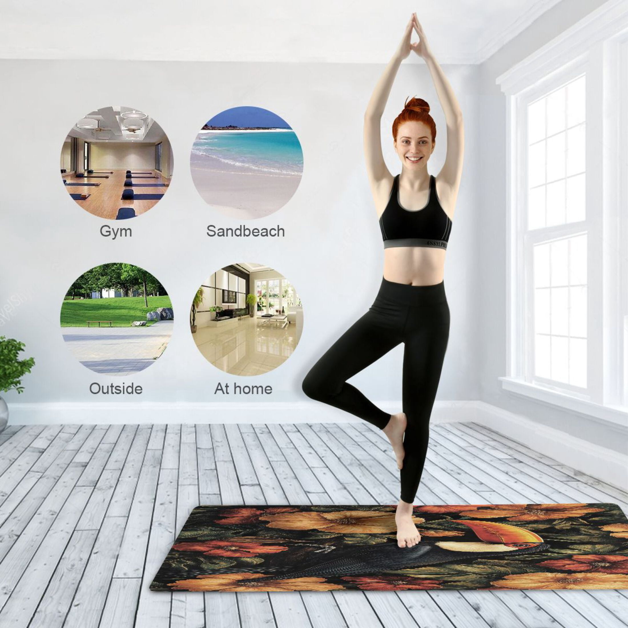 BZSMCE Yoga Mat Women Toucan with Vibrant Tropical Flowers Fitness Mat
