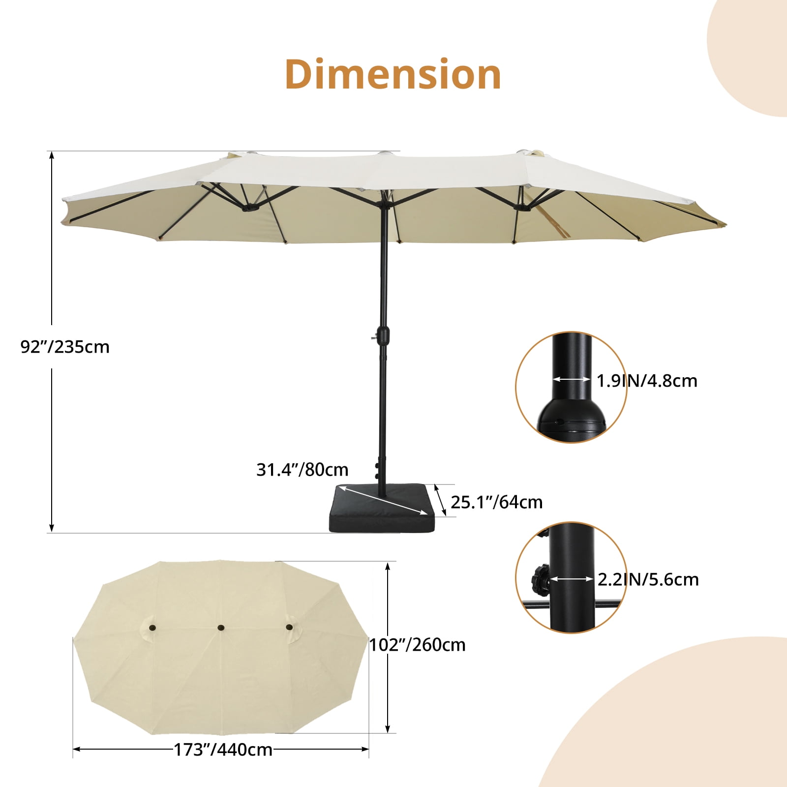 Richya 15 FT Outdoor Patio Umbrella, Large Rectangular Double Sided Market Table Twin Umbrellas with Crank Handle for Deck Pool(Beige)