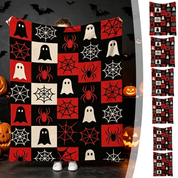 Homellea Halloween Ghost Spider Web Fleece Throw Blanket, Red Black White Flannel Nap Blanket for Couch, Sofa, Bed, Office, Travel and Fall Party Decor