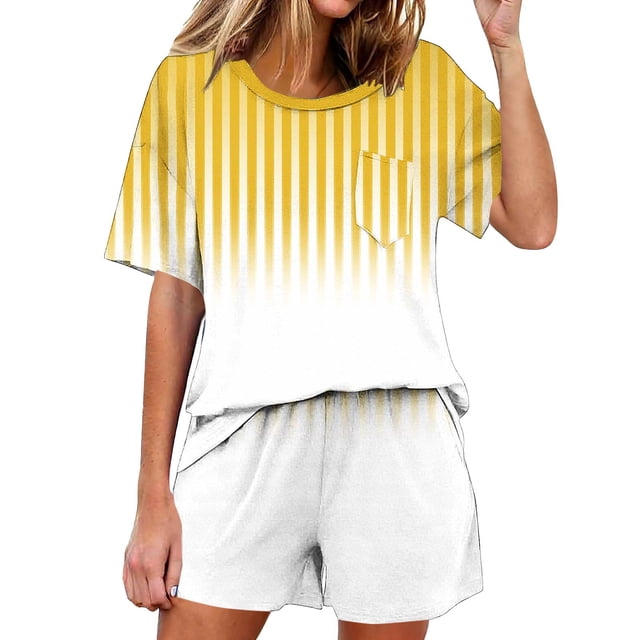 Conjunto de pijama de mujer de moda de color sólido de manga corta cuello redondo y pantalones con poliéster suave, desgaste de casa transpirable para verano diario