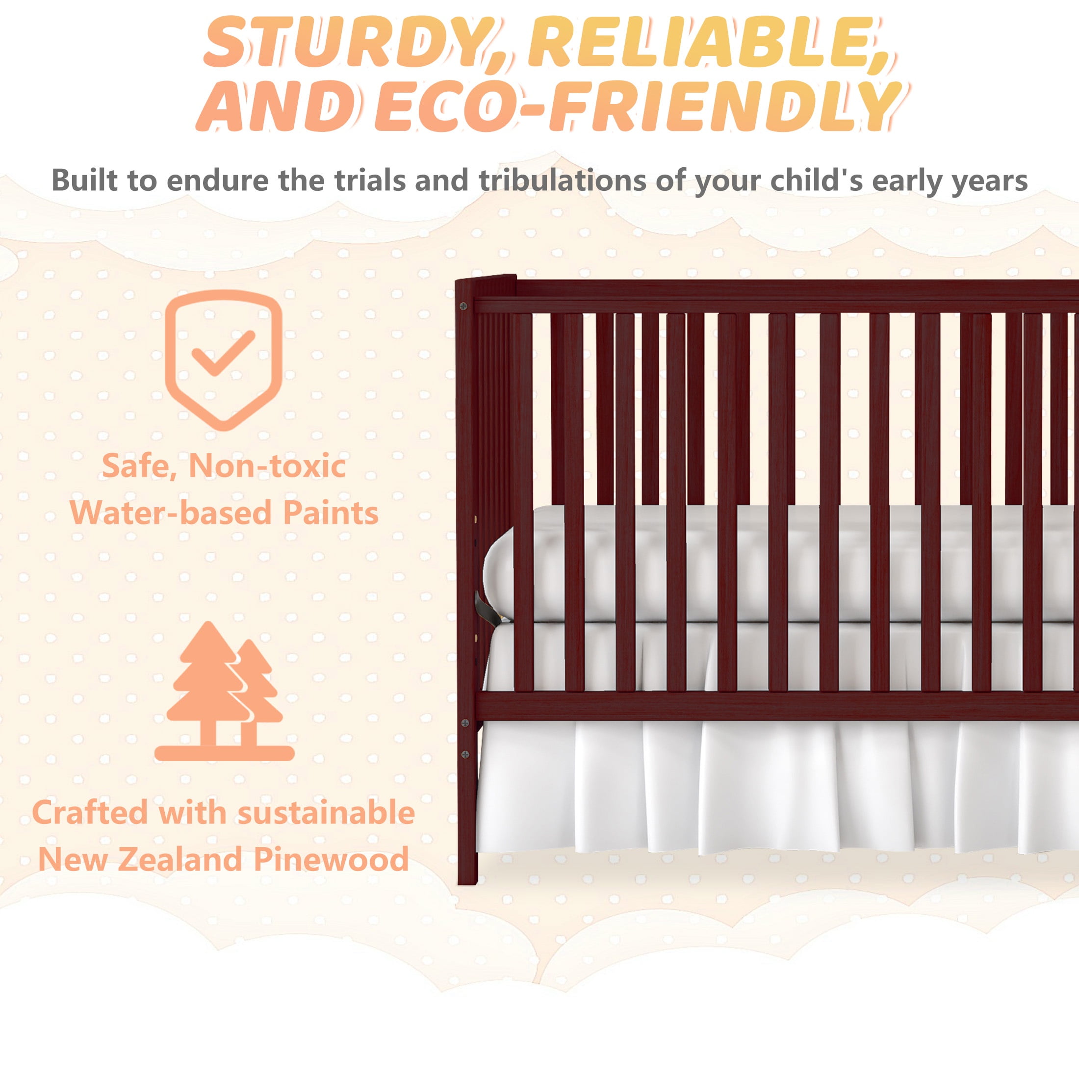 SESSLIFE 5-In-1 Convertible Crib, Cherry Baby Bed, Converts from Baby Crib to Toddler Bed, Fits Standard Full-Size Crib Mattress(Not Included)