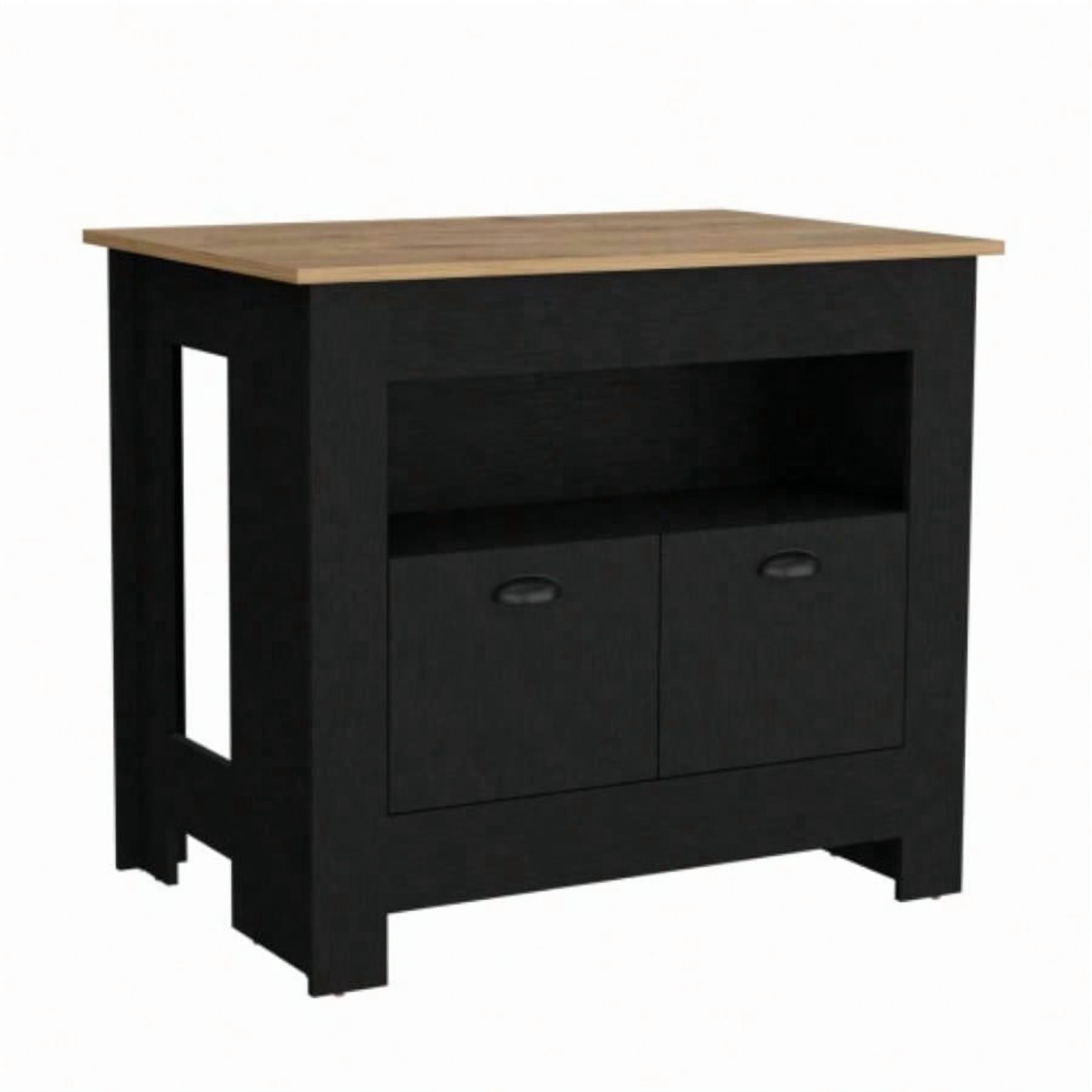 35 Inch High Kitchen Island, 2 Closed Doors & 3 Interior Shelves, Black & Macadamia Finish, Spacious Storage