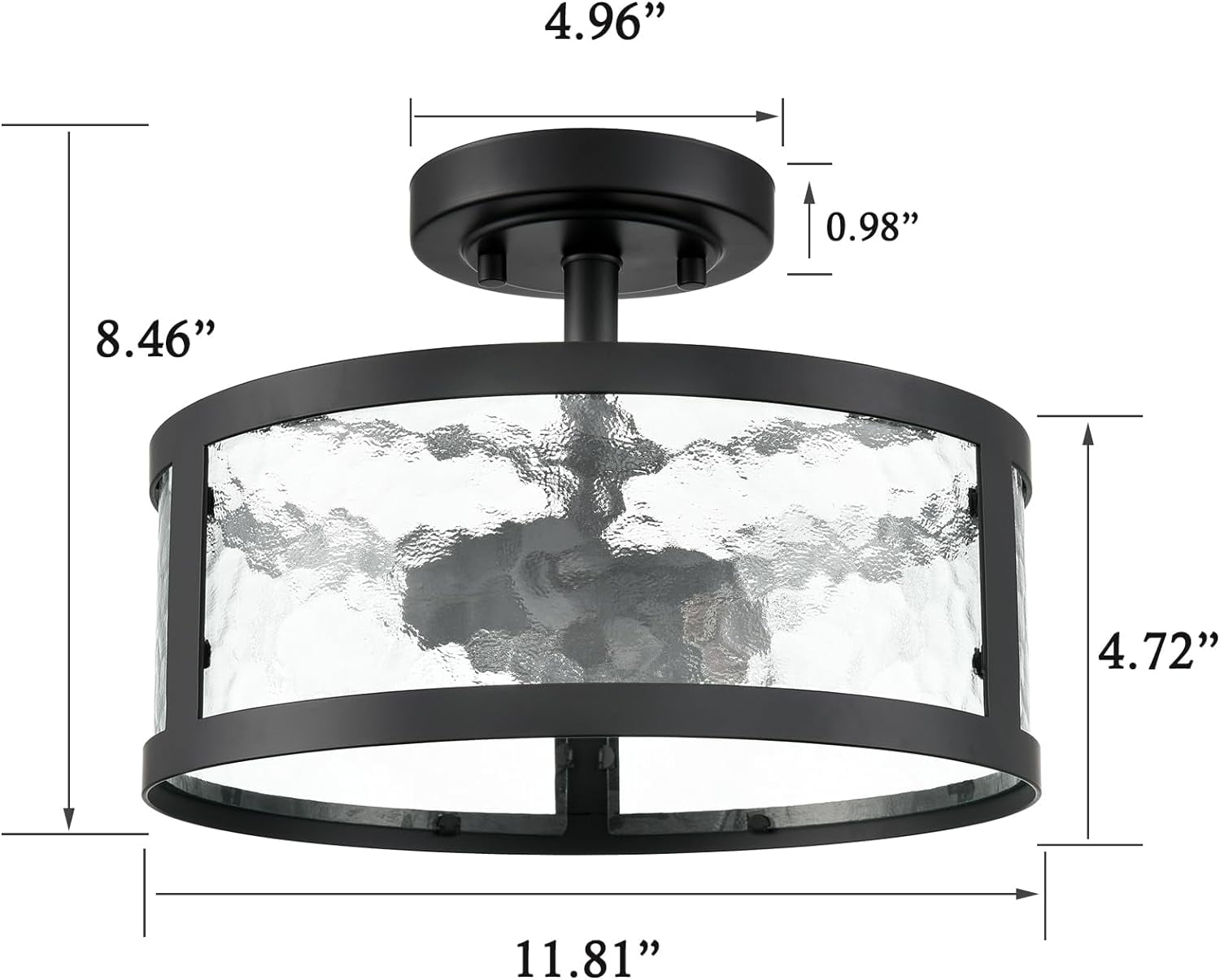 Farmhouse Semi Flush Mount Ceiling Light Black Light Fixtures Ceiling Mount 2-Light with Hammered Glass for Bedroom Kitchen Bathroom Entryway Proch