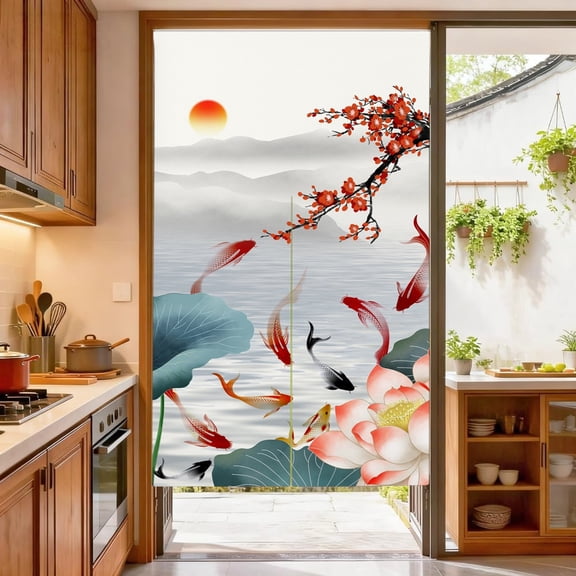 Japanese Noren Doorway Curtain Tapestry (Fish and Lotus,33.5 Inches x 59 Inches)