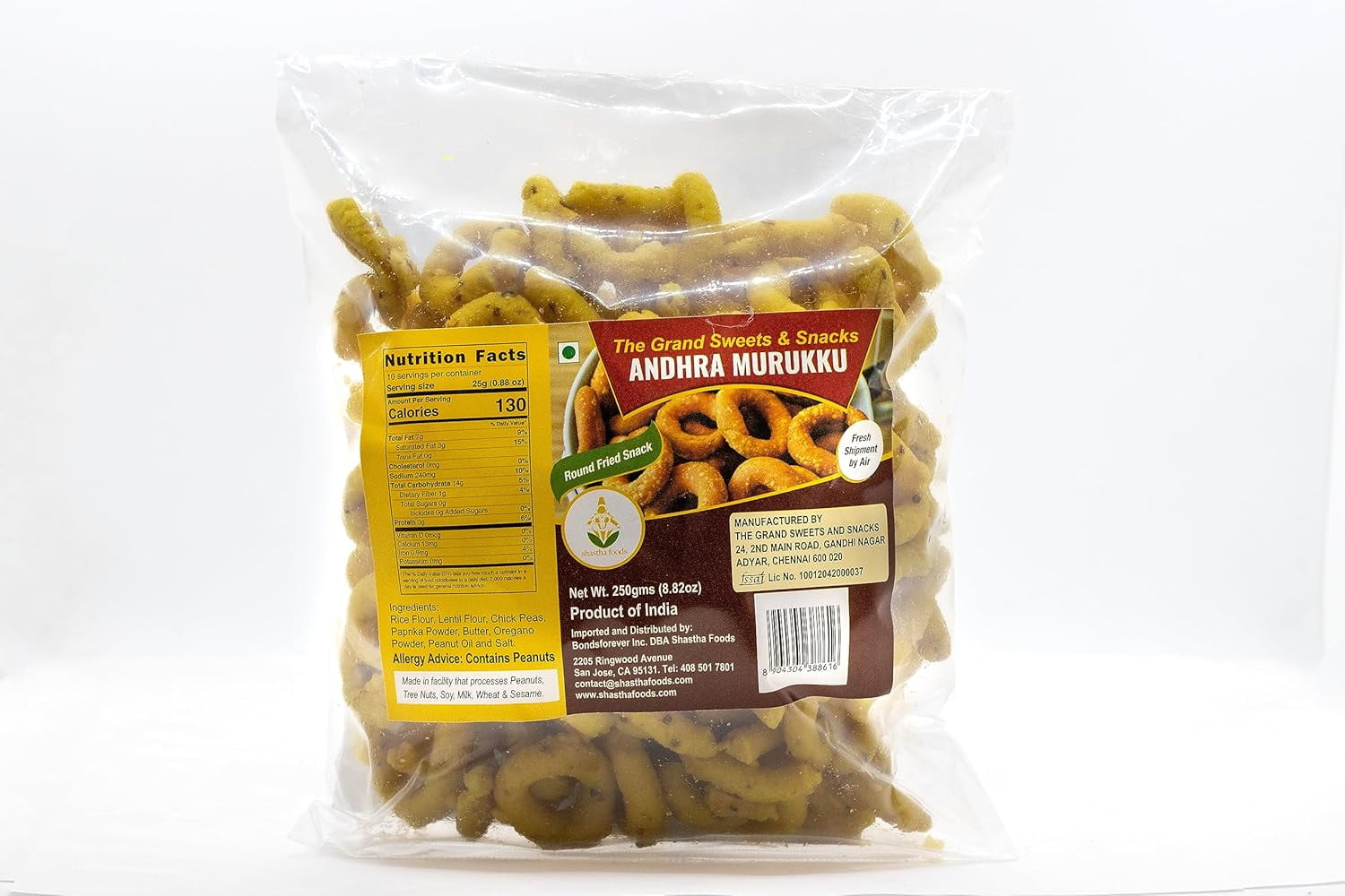 Grand Sweets and Snacks Andhra Murukku, 250g Plastic Pouch (pack of 5), Gluten-Free Savory Snack