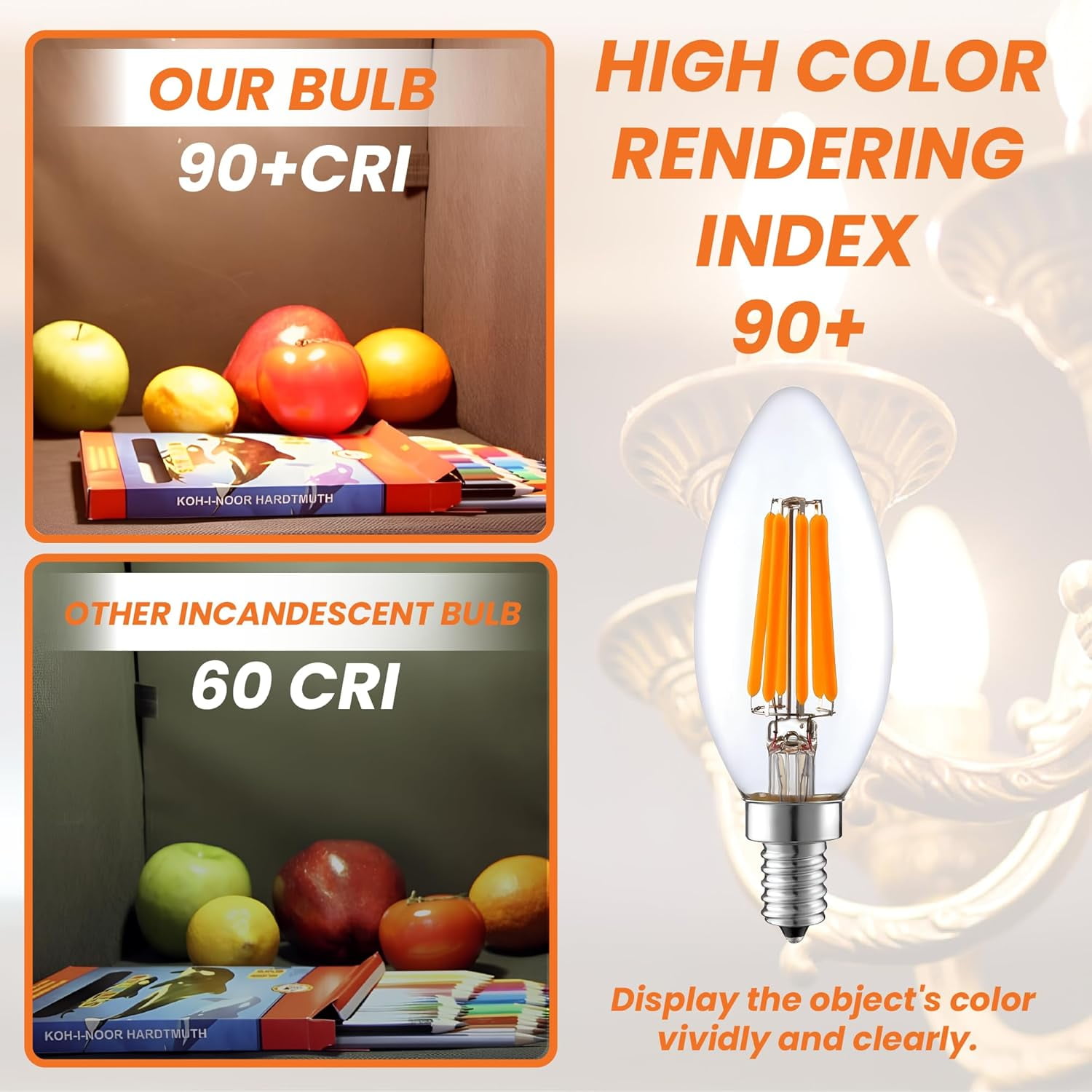 LED 6 Watts (60W Equivalent) 600 Lumens Candelabra Bulb Clear Filament, 2700K, Dimmable, E12 Base, CRI90, CETL Certified (2700k) 6 Pack)