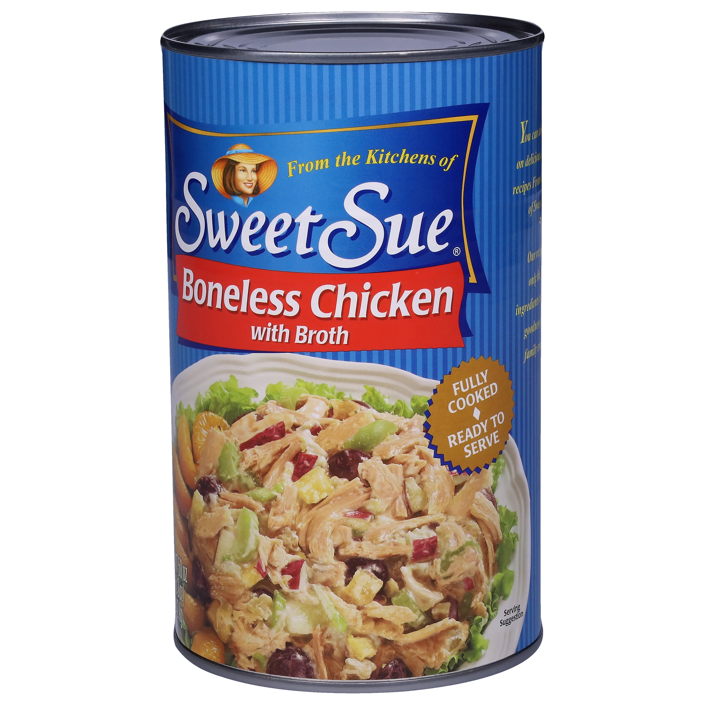(12 pack) Sweet Sue Boneless Chicken with Broth, Fully Cooked and Ready to Serve, Gluten Free, 10g Protein Per Serving, Shelf Stable Can, 50 oz