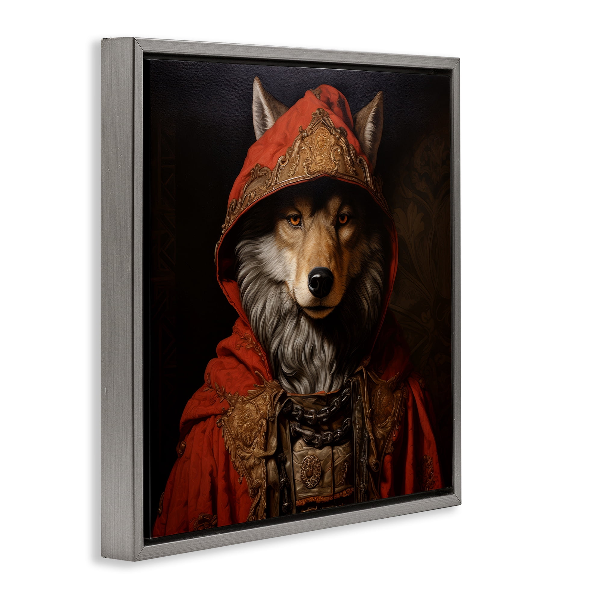 Stupell Industries Wolf with Red Cloak Animals & Insects Painting Gray Floater Framed Canvas Art Print Wall Art, 25 x 25