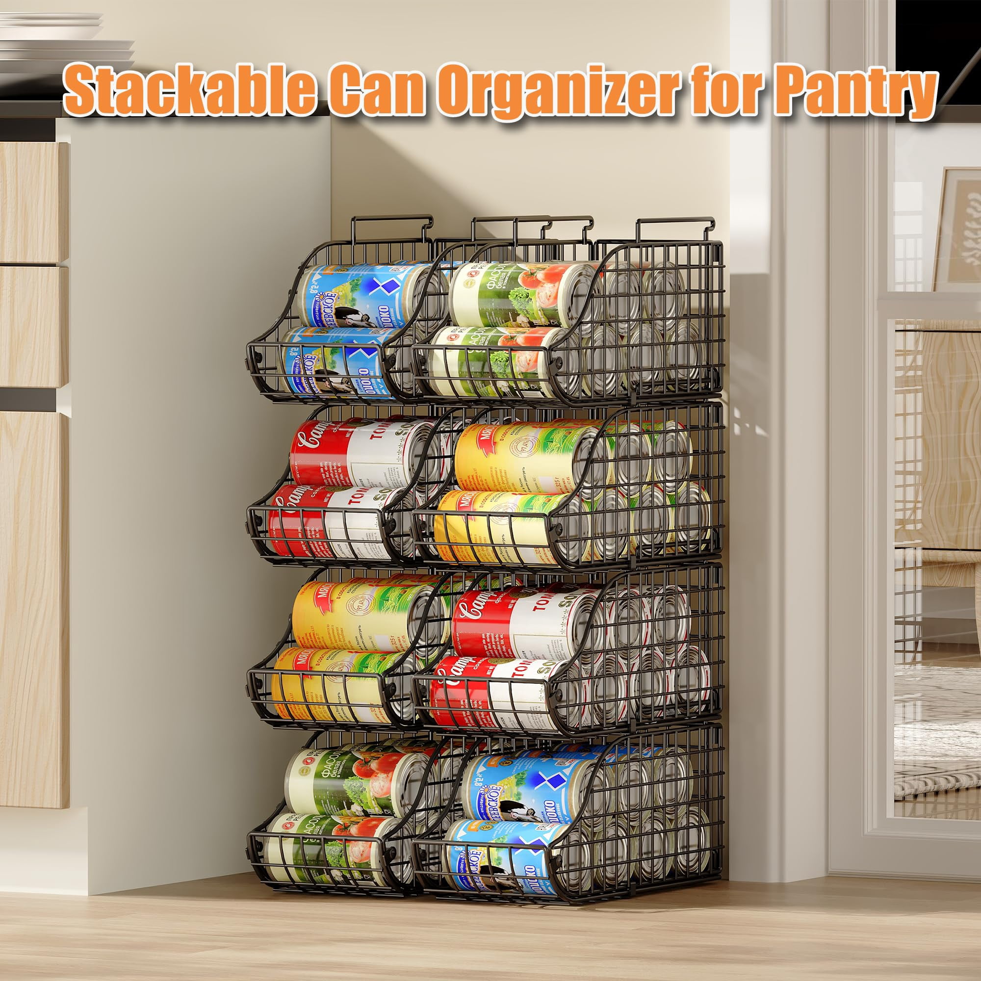 8-pack Can Organizer For Pantry  Stackable Cabinet Food Shelves Fridge Wire Cupboard Storage Holds Up To 72 Beers Small Metal Bin Drink Beverage Egg Gillas Rack Kitchen Countertops Rv