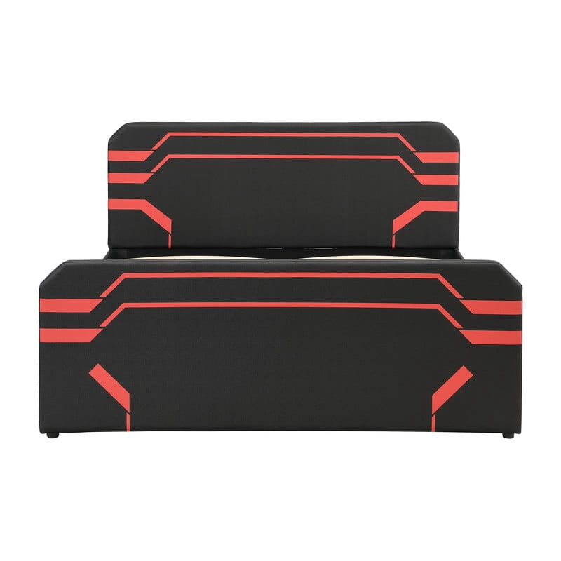 Queen Size PU Leather Gaming Bed Frame with Hydraulic Storage, Cyberpunk Style Platform Bed with Futuristic Pattern Headboard