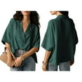 thumbnail image 3 of Women Dressy Casual Blouse Business Short Sleeve Collared Tops Placket V Neck Work Shirt green S, 3 of 8