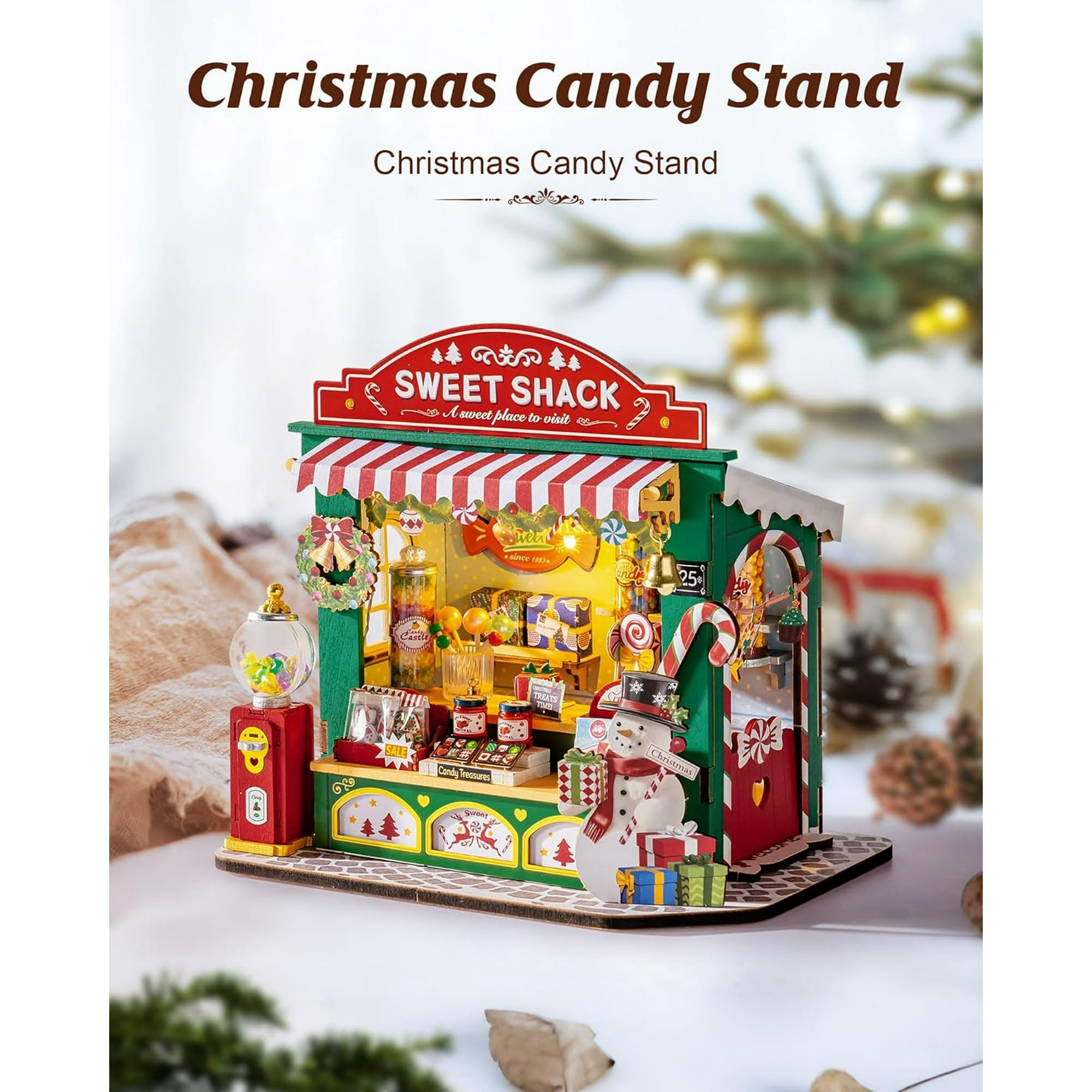 Rolife DIY Miniature Dolls House Kit Christmas Candy Stand, Wooden Model Building Kit With LED Lights, Model Kits for Adults to Build, Home Decor Christmas Birthday Gifts