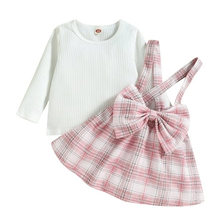 

Qufokar 6 Month Girl Summer Clothes New Born Girls Clothes Toddler Girls Long Sleeve Ribbed Tops Bowknot Plaid Prints Suspenders Skirt Outfits
