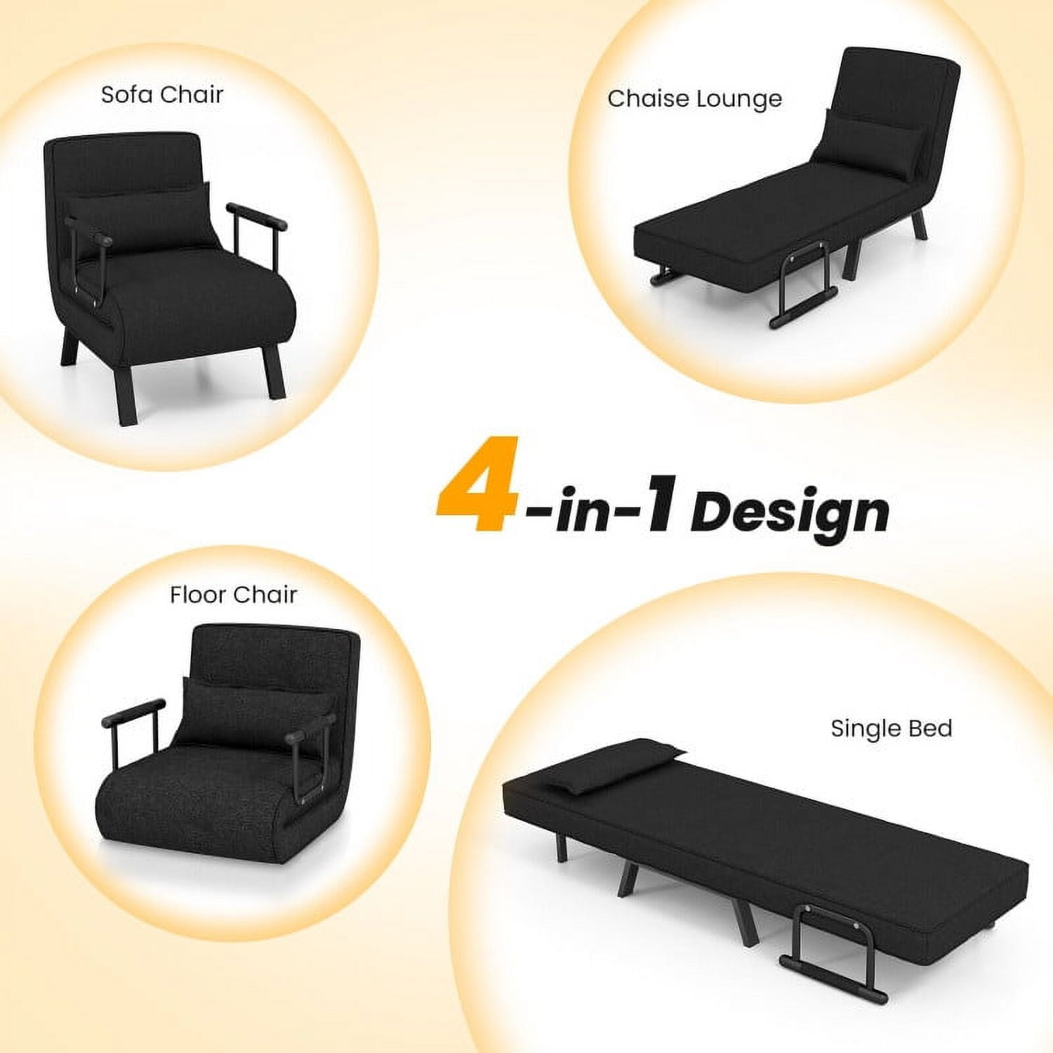 Folding Chair Bed, Folding 6 Position Convertible Sleeper Bed Armchair Lounge Couch with Pillow, Cozy Futon Chair for Small Spaces, Office, Black