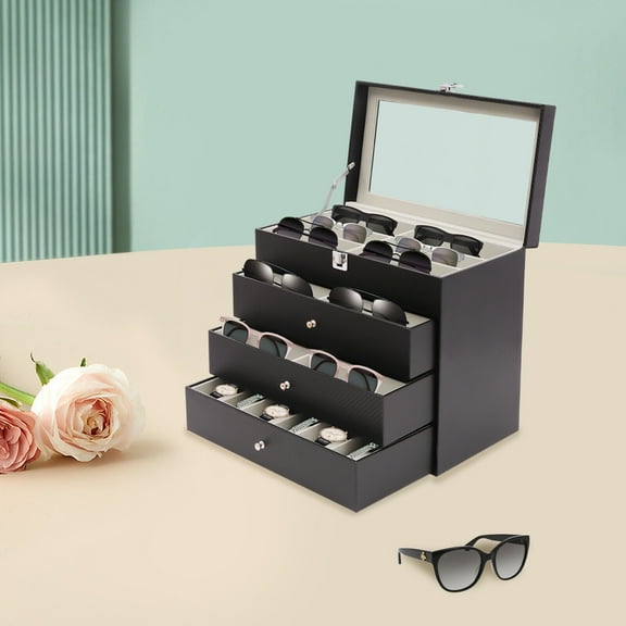 Miumaeov Watch Box Organizer Watch Case Eyeglasses Storage and Sunglasses Box with Mirror and Lock Jewelry Storage Case Organizer with 3 Drawer Black