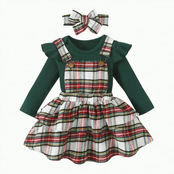 HCNTES Baby Girl Christmas Clothes Plaid Outfits Long Sleeve Romper Overall Skirt Dress Cute Outfit(6-12 Months,S138-Green)
