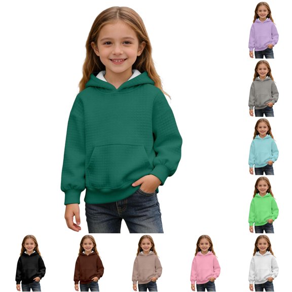 Oiyii Toddler Girl's Waffle Knit Solid Hoodie Sweatshirt Long Sleeve Casual Hooded Sweatshirt Outdoor Pullover Top,Dark Green