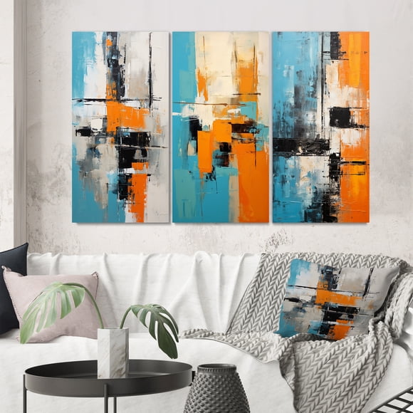 Designart "Cubist Explorations Deconstructed Minimalism III" Abstract Painting Wall Art Set Of 3 - Modern Blue Gallery Set For Office Decor