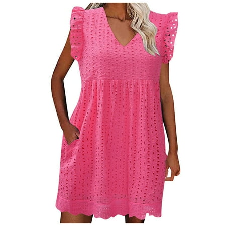 Blphud Comfy Dress Dresses for Summer Casual Women s Solid Color Lace Embroidered V Neck Maxi Dress Women Casual Short Sleeve Long Maxi Dresses Hot Pink L
