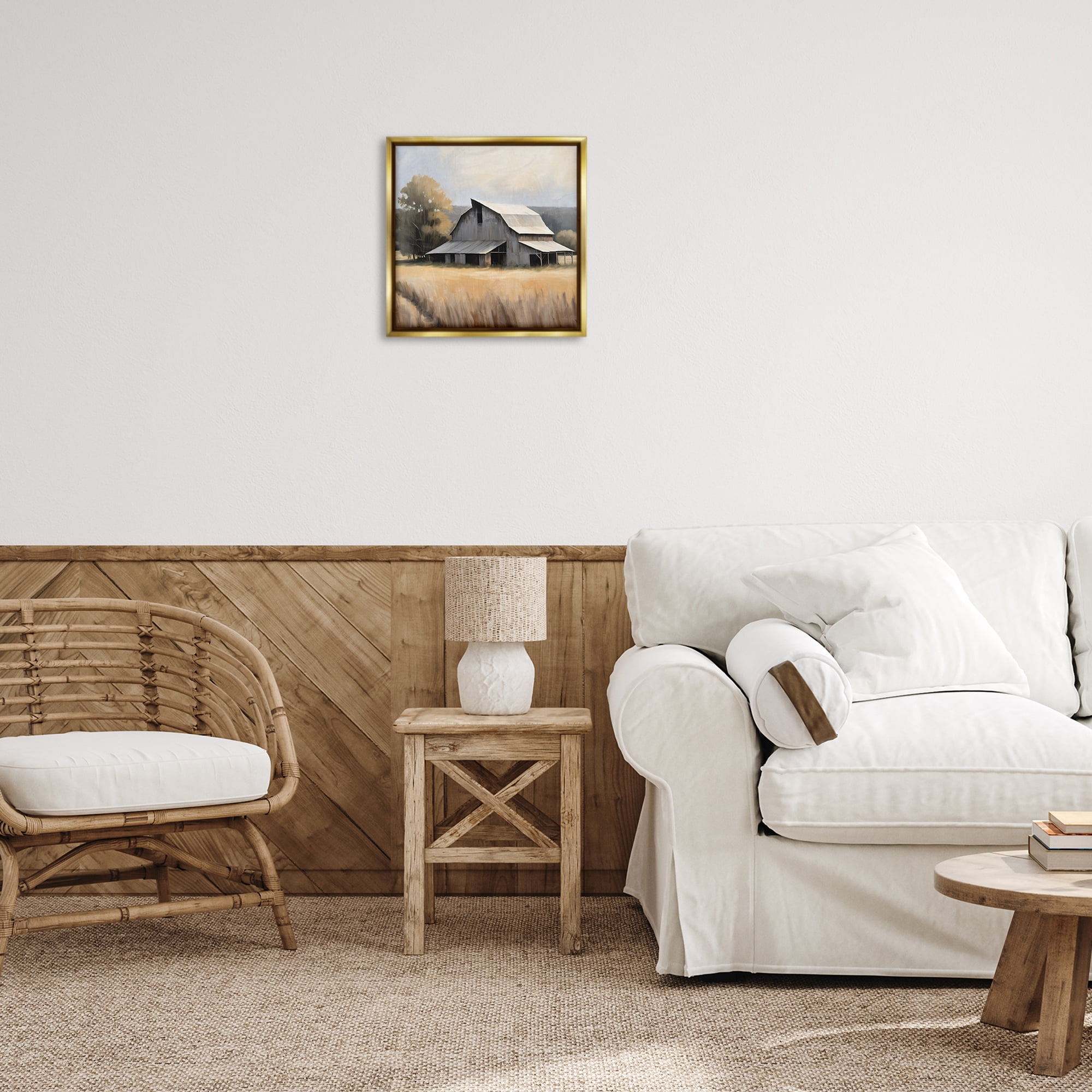 Stupell Industries Peaceful Barn in Field Landscape Painting Gold Floater Framed Canvas Art Print Wall Art, 18 x 18