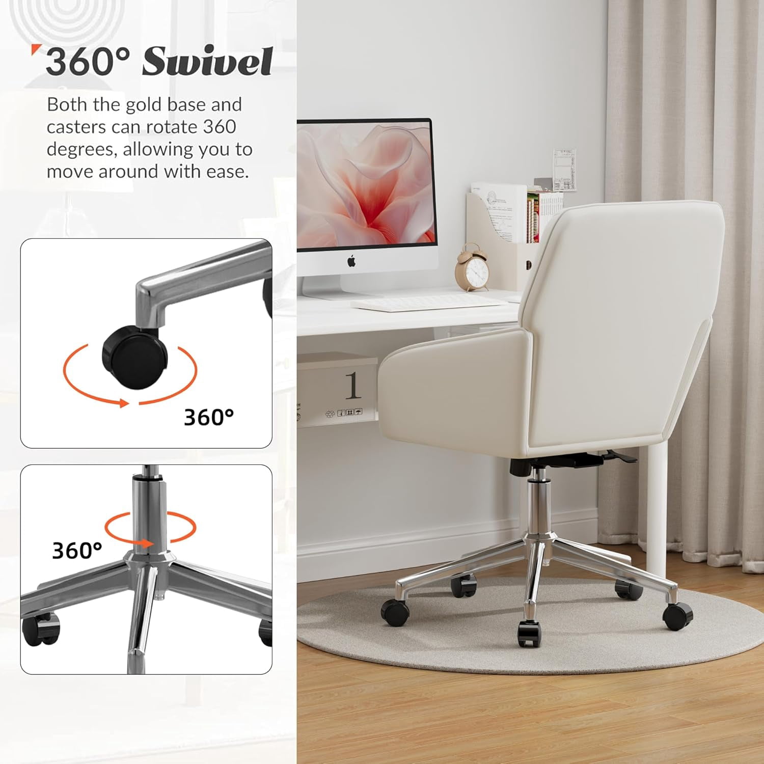YWEN Velvet Office Desk Chair with Silver Base, with Wheels,Modern Height Adjustable 360 Degree Swivel Upholstered Vanity Chairs with Arms for Living Room Bedroom,Cream