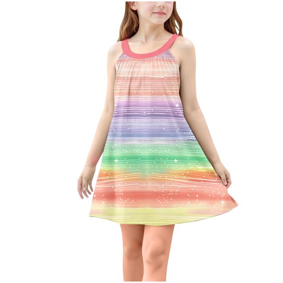 Hrsba Kids Summer Dress,Casual Sleeveless Dress for Girls,Toddler Kids Girls Cute Gradient Sleeveless Camisole Dress A Line Suspenders Wrinkle Dress