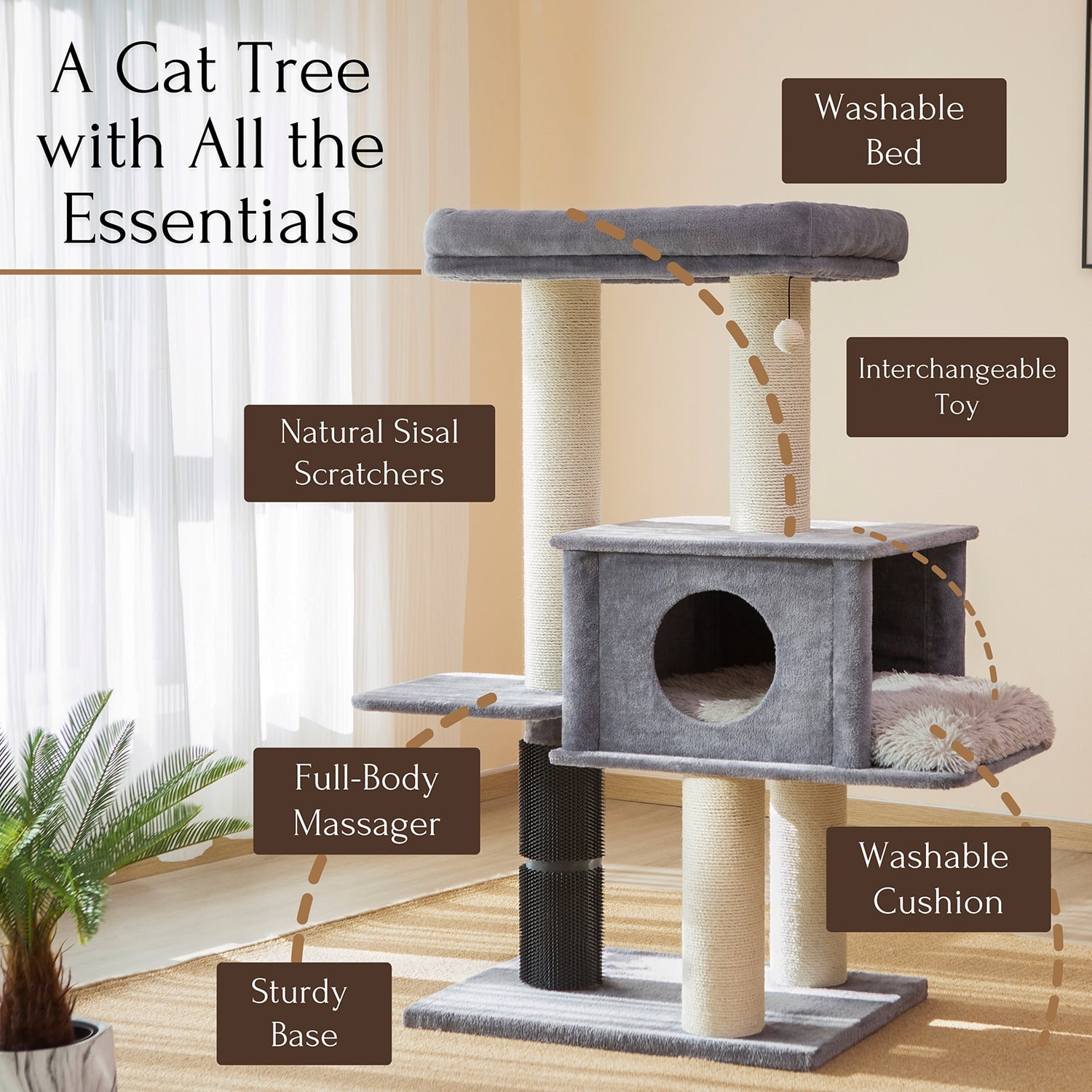 PetPals 57” Grand Maine Coon™ Cat Tree with Large Condo, Sisal Scratching Posts, Top Bed for Big Cats, Grey