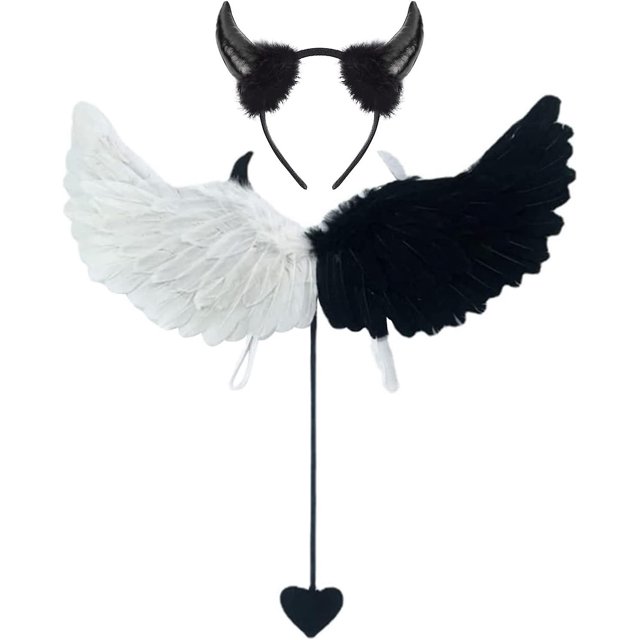 Disfraz de diablo blanco y negro, alas de plumas de ángel, disfraz de alas de ángel, alas de demonio con cuernos de diablo rojo, alas de ángel con plumas, para fiesta de carnaval de Halloween