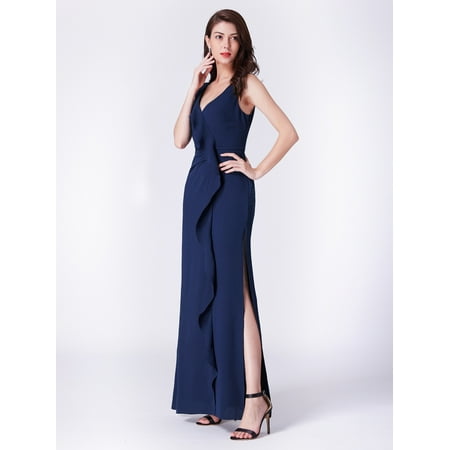 Fur Ruffle - Ever-Pretty Women's Elegant V Neck Long Ruffles Slit Formal Evening Prom Party Gala Maxi Dresses for Women 07372 Navy Blue US 4