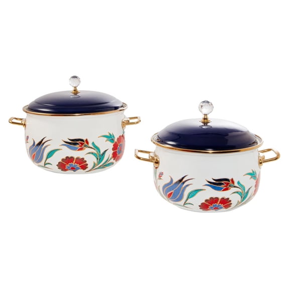 Serenk 2 Piece Enamel Dutch Oven Casserole Set, 4.2 Quart and 6.5 Quart Stockpots with Stainless Steel Lids, Gold Handles, Induction Safe Cookware