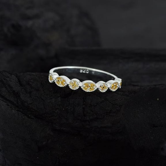 Citrine Half Eternity Band Ring Wedding Stackable Dainty Ring 925 Sterling Silver Gemstone Jewelry For Women Gift