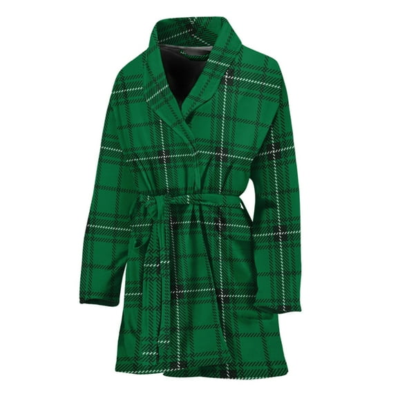 Green Stewart Tartan Women Bathrobe One Size Univeral Fits, Tartan Plaid Retro Fashion Lightweight Plush Fleece Long Robe For Women