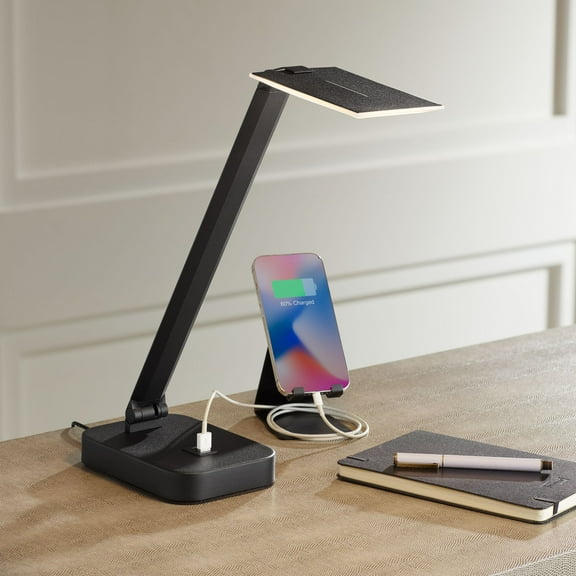 Possini Euro Design Rayven 22" High Modern Desk Lamp Adjustable Height LED USB Port Black Finish Metal Single Home Office Charging