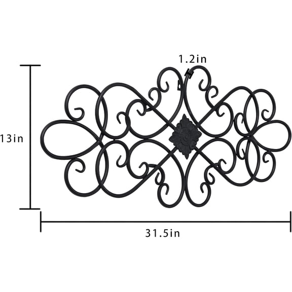 Black Wrought Iron Wall Decor 32" x 13", Hanging Flower Scroll Metal Wall Art Decor, Living Room Wall Decor, Vintage House Decorations for Indoor Outdoor Fireplace Bedroom