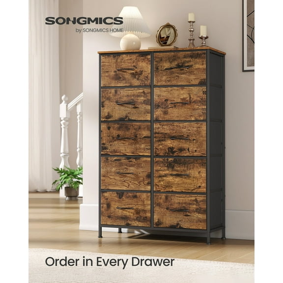 10-Drawer Storage Dresser - Steel Frame Organizer with Non-Woven Fabric Drawers, Multi-Use Chest for Bedroom/Entryway, Rustic Brown