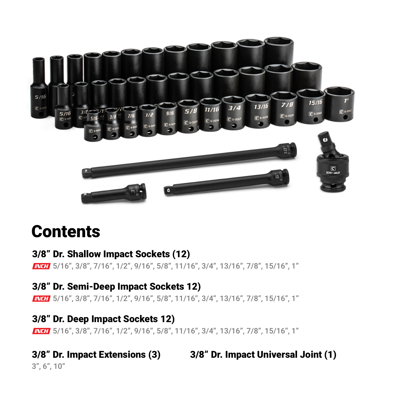 Capri Tools 3/8 in. Drive Master Shallow, Semi-Deep and Deep Impact Socket Set with Extensions and Universal Joint, SAE, 5/16 to 1 in., 40-Piece with Mechanic's Tray