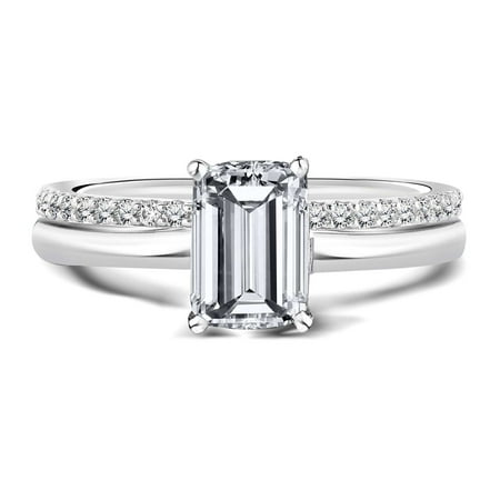 JeenMata Elegant 2.25 Carat Emerald Cut Wedding Set - Micro Pave Wedding Band - in 18K White Gold over Silver