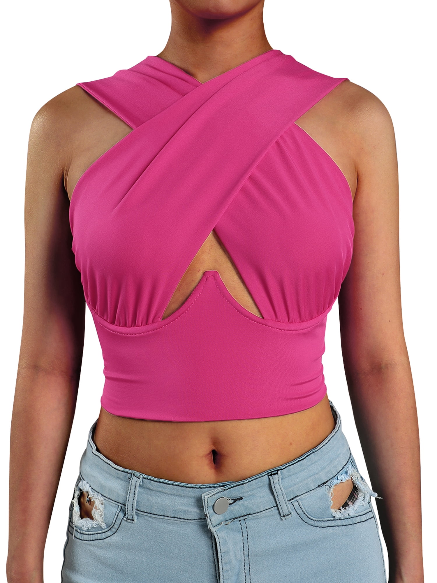 Women's Crisscross Cut Out Vest Halter Wrap Crop Top Solid Sleeveless Sexy  Cami Tank Tops Vest