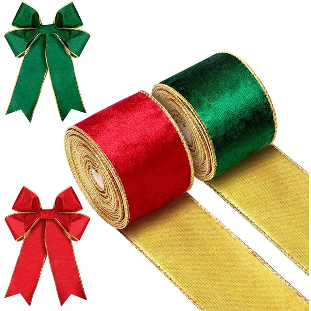 2 rollos de cinta navideña de terciopelo (verde, rojo, 6,4 cm x 6 yardas) Cinta navideña Cinta con alambre de terciopelo Cinta para envolver Navidad Cinta artesanal de tela para hacer lazos navideños