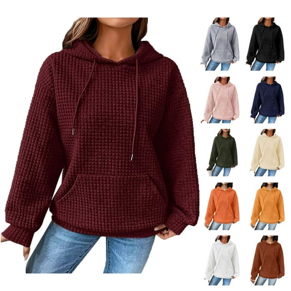 Women Fall Hoodies Sweater Casual Pullover Waffle Casual Long Sleeve Shirts Drawstring Loose Hooded Sweatshirt with Pocket